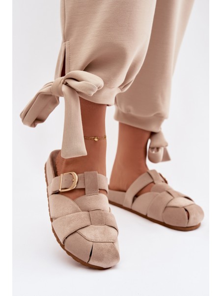 Women's Mules With Straps and Gold Buckle Beige Ganelle