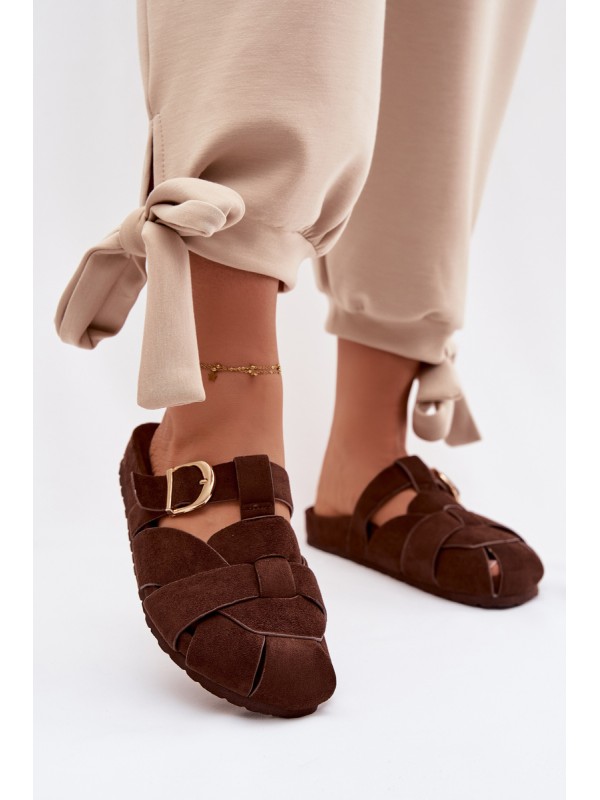 Women's Mules With Straps and Gold Buckle Chocolate Ganelle