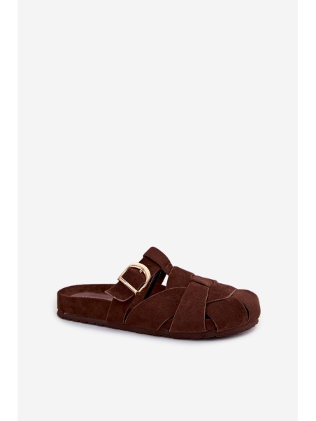 Women's Mules With Straps and Gold Buckle Chocolate Ganelle