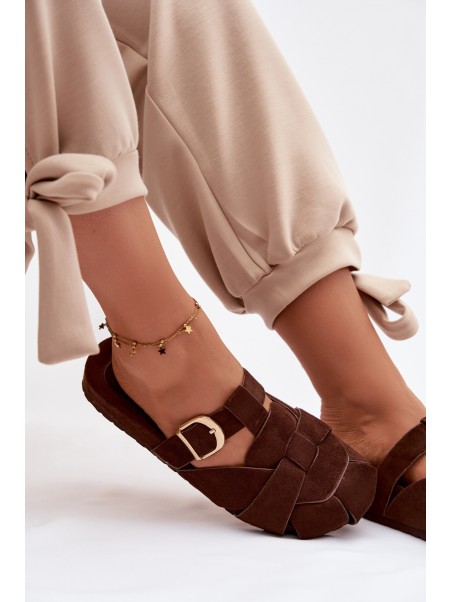 Women's Mules With Straps and Gold Buckle Chocolate Ganelle