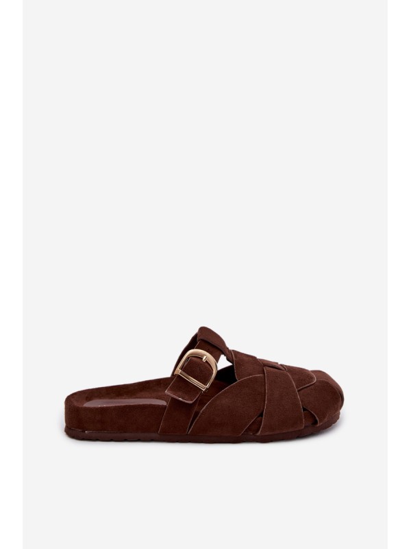 Women's Mules With Straps and Gold Buckle Chocolate Ganelle