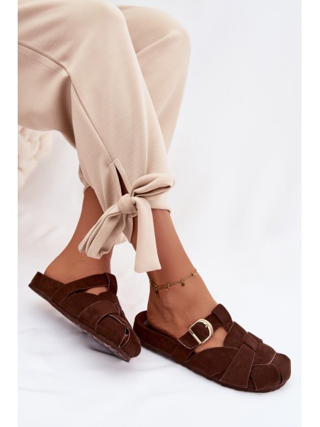 Women's Mules With Straps and Gold Buckle Chocolate Ganelle