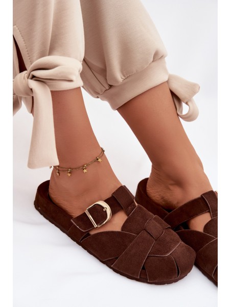 Women's Mules With Straps and Gold Buckle Chocolate Ganelle