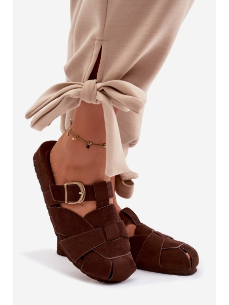 Women's Mules With Straps and Gold Buckle Chocolate Ganelle