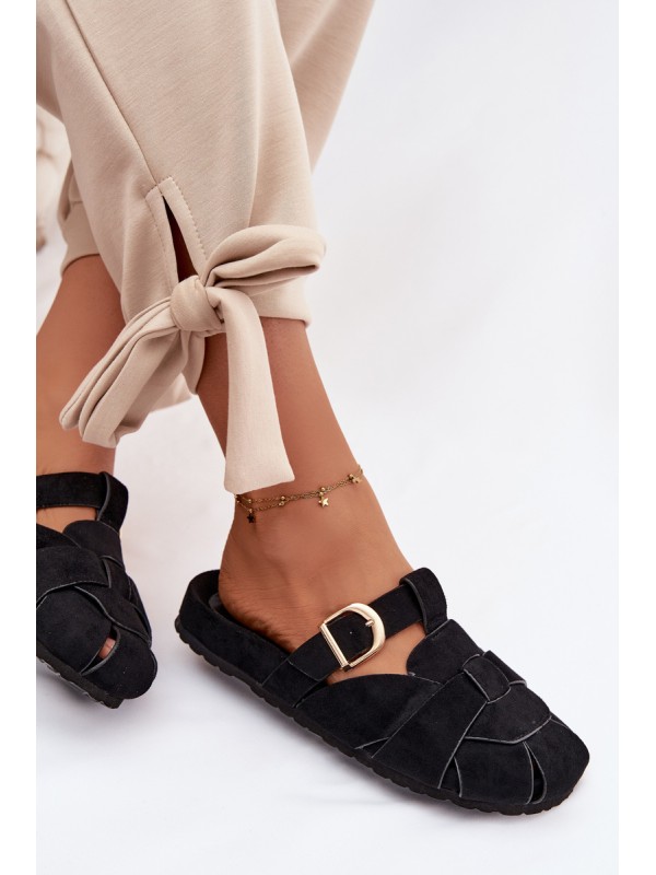 Women's Mules With Straps And Gold Buckle Black Ganelle