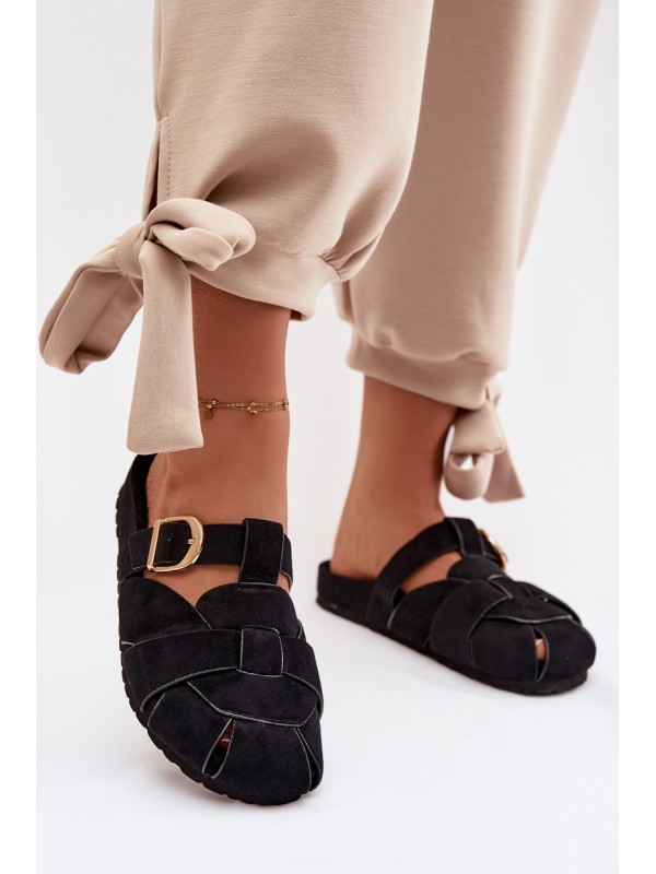 Women's Mules With Straps And Gold Buckle Black Ganelle 2