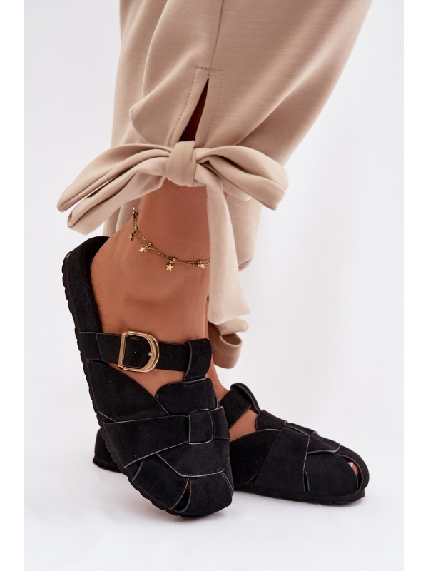 Women's Mules With Straps And Gold Buckle Black Ganelle