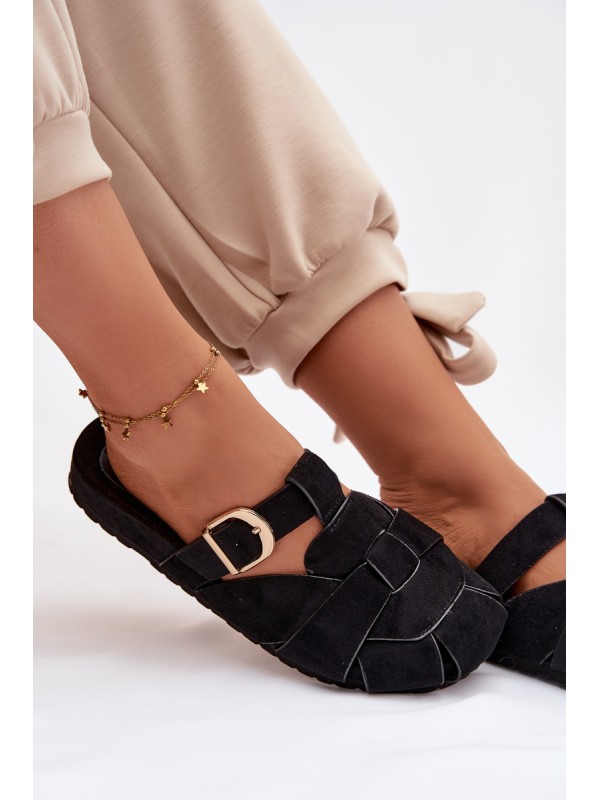 Women's Mules With Straps And Gold Buckle Black Ganelle