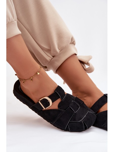 Women's Mules With Straps And Gold Buckle Black Ganelle
