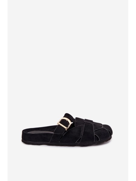 Women's Mules With Straps And Gold Buckle Black Ganelle