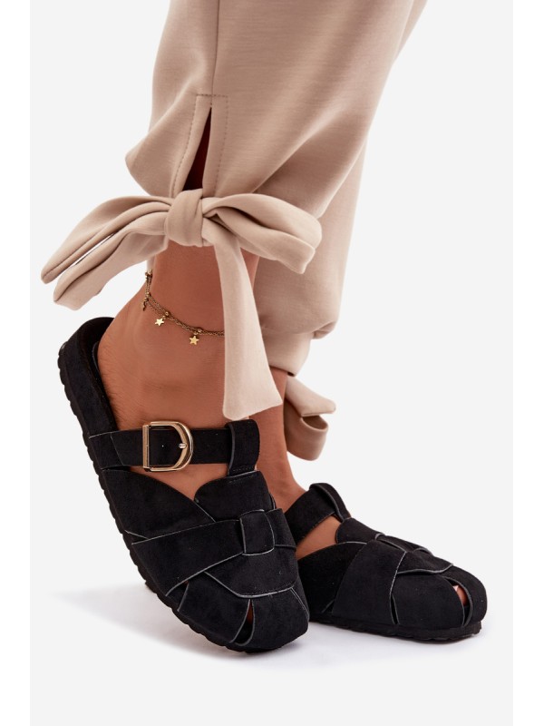 Women's Mules With Straps And Gold Buckle Black Ganelle