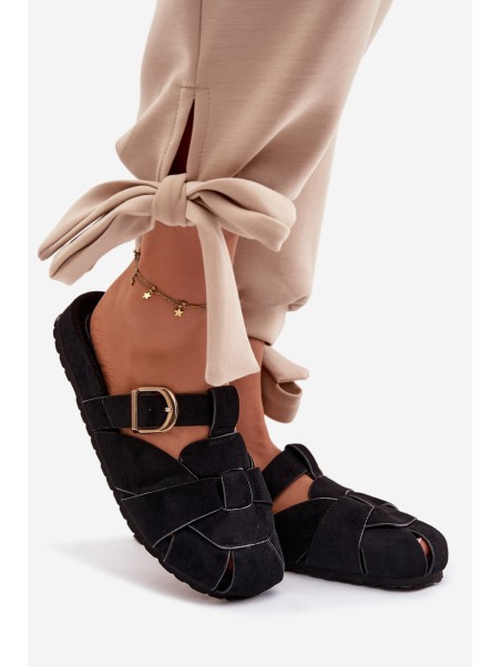 Women's Mules With Straps And Gold Buckle Black Ganelle