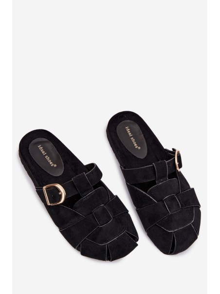 Women's Mules With Straps And Gold Buckle Black Ganelle