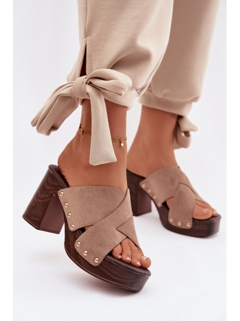 Women's Block Heel Sandals With Gold Buckles Dark Beige Nerelle
