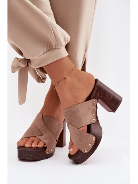 Women's Block Heel Sandals With Gold Buckles Dark Beige Nerelle 2