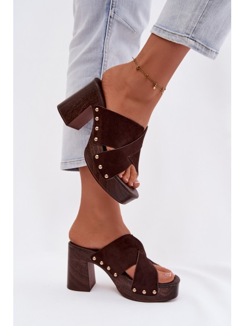 Women's Block Heel Sandals With Gold Buckles Chocolate Nerelle 2