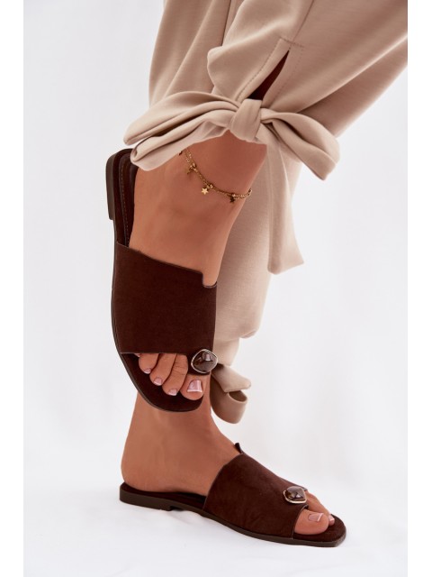Women's Flat Slippers With Decorative Detail Eco Suede Chocolate Selavine