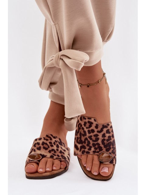 Women's Flat Eco Suede Leopard Print Decorated Detail Slides Selavine 2
