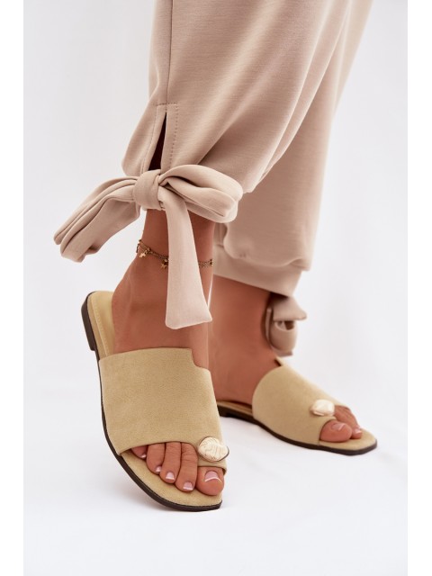 Women's Flat Decorated Eco Suede Yellow Slides Selavine