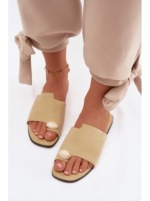 Women's Flat Decorated Eco Suede Yellow Slides Selavine 2