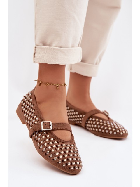 Women's Openwork Ballerinas With Rhinestones And Strap Brown Wilvessa