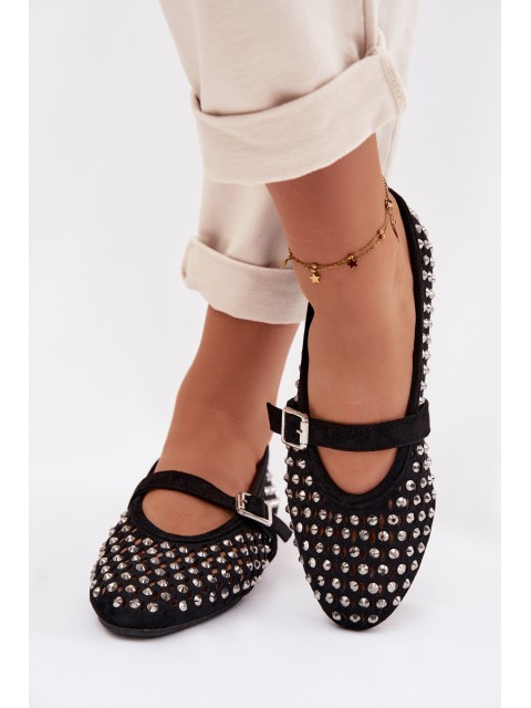 Women's Lace Ballerinas With Rhinestones And Strap Black Wilvessa 2
