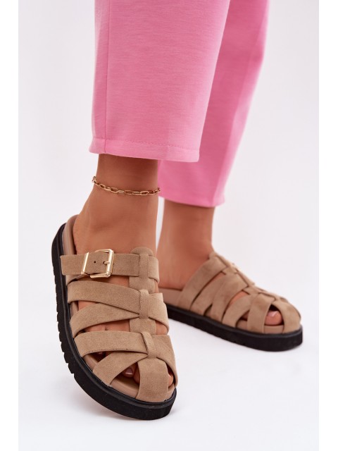 Women's Slides With Straps And Gold Buckle Dark Beige Roselisse