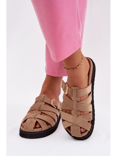 Women's Slides With Straps And Gold Buckle Dark Beige Roselisse 2