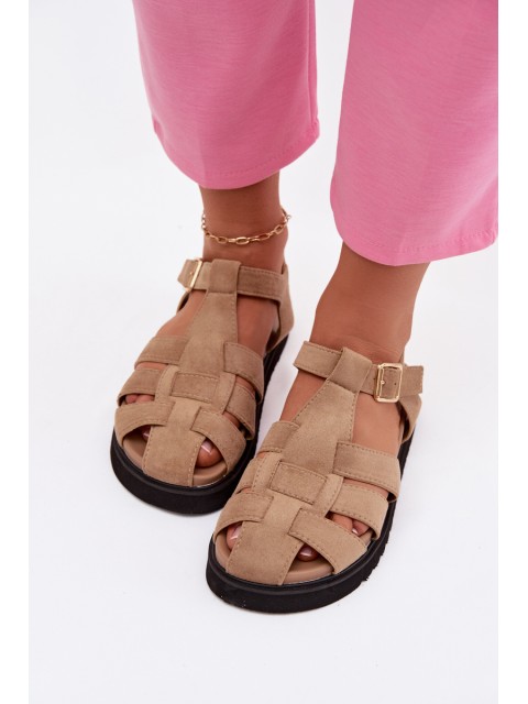 Women's Roman Sandals With Gold Buckle On Platform Beige Terelina