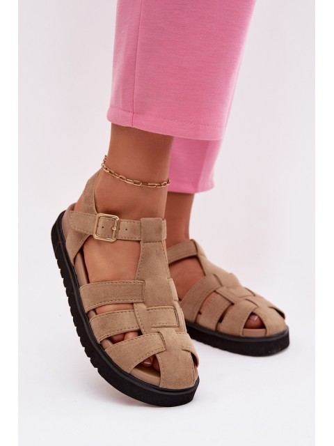 Women's Roman Sandals With Gold Buckle On Platform Beige Terelina 2