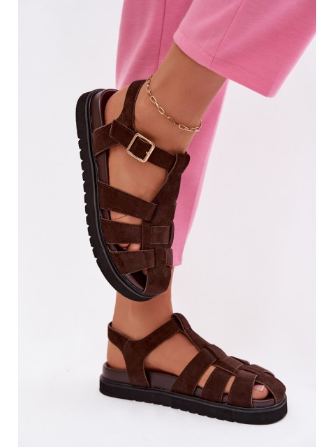 Women's Roman Sandals With Gold Buckle On Platform Chocolate Terelina