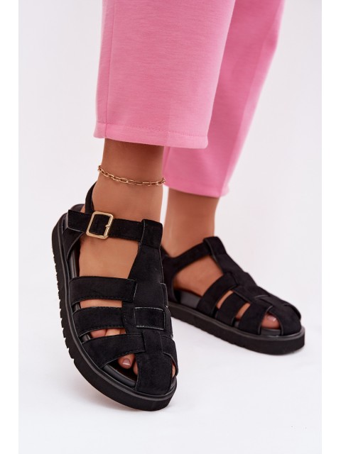 Women's Roman Sandals With Gold Buckle On Platform Black Terelina