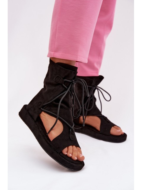 Women's Eco Suede Sandals With High Upper and Laces Black Ferlisse 2