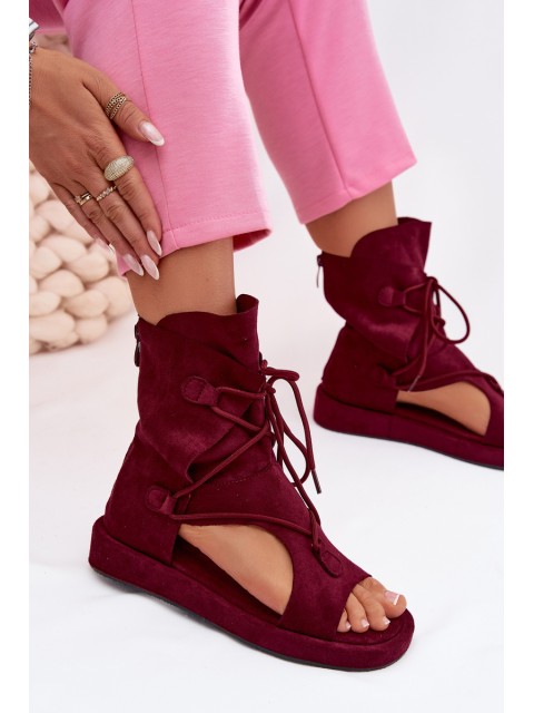 Women's Eco Suede Sandals With High Strap and Laces Burgundy Ferlisse