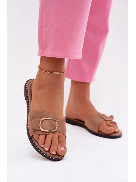 Women's Flat Heel Sandals With Gold Buckle Camel Selivelle