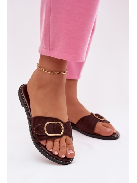Women's Flat Heel Chocolate Slippers With Gold Buckle Selivelle