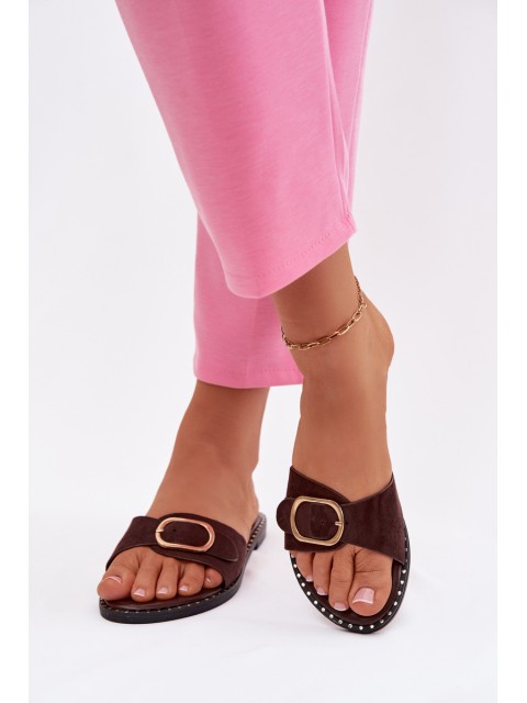 Women's Flat Heel Chocolate Slippers With Gold Buckle Selivelle 2