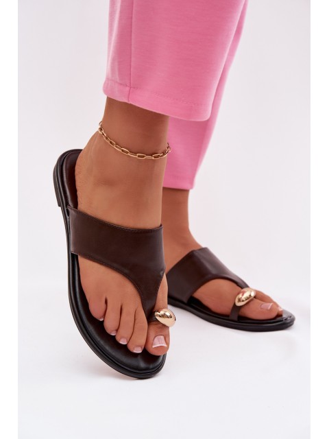 Women's Flat Eco Leather Slippers With Gold Detail Chocolate Lavessa