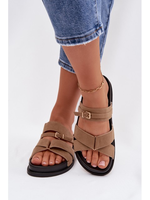 Women's Slides With Straps And Gold Buckle Dark Beige Selorina