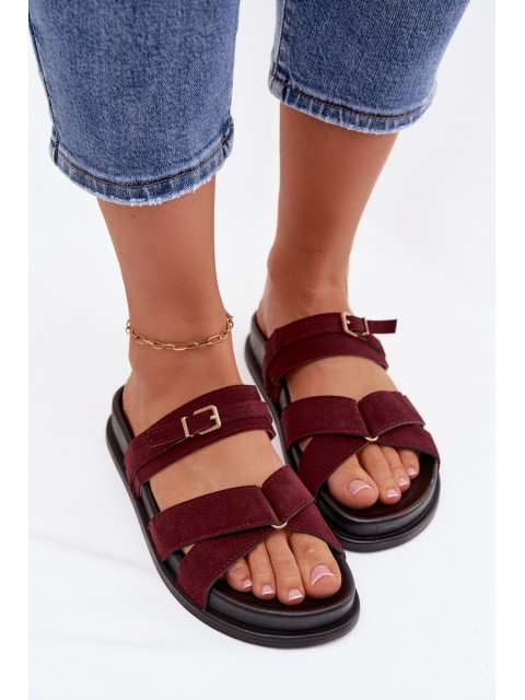 Women's Strappy Flat Bordeaux Gold Buckle Slides Selorina