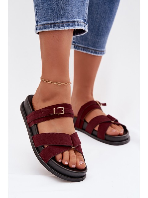Women's Strappy Flat Bordeaux Gold Buckle Slides Selorina 2