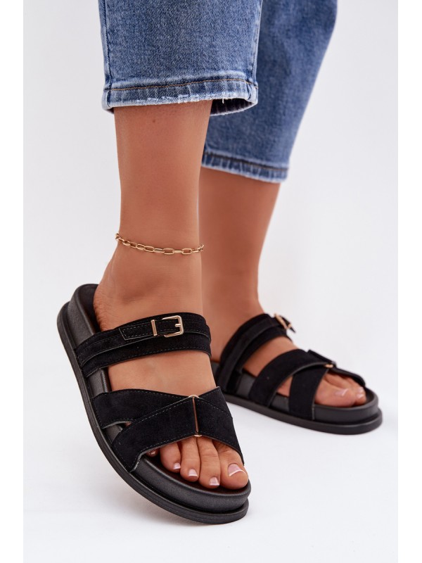 Women's Strappy Black Sandals With Gold Buckle Selorina