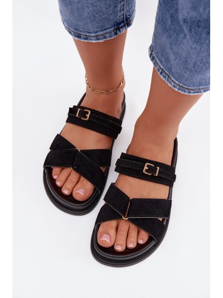 Women's Strappy Black Sandals With Gold Buckle Selorina