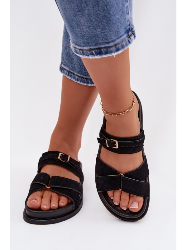 Women's Strappy Black Sandals With Gold Buckle Selorina