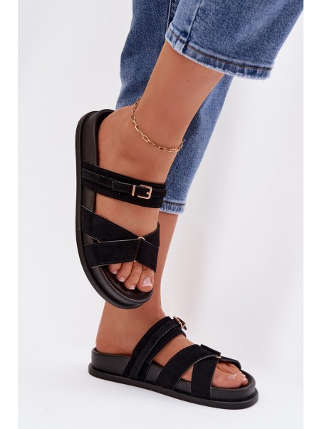 Women's Strappy Black Sandals With Gold Buckle Selorina