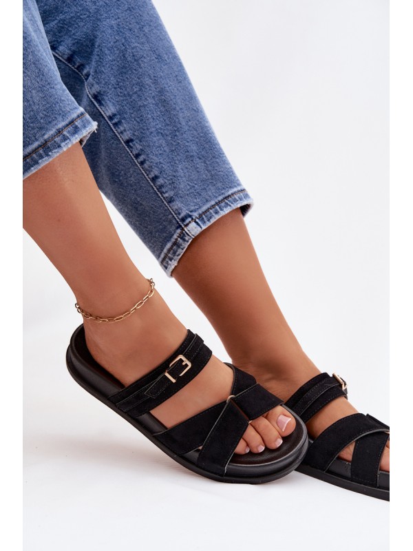 Women's Strappy Black Sandals With Gold Buckle Selorina