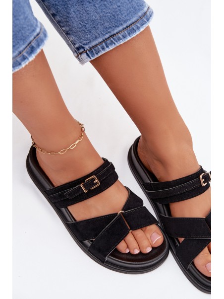 Women's Strappy Black Sandals With Gold Buckle Selorina