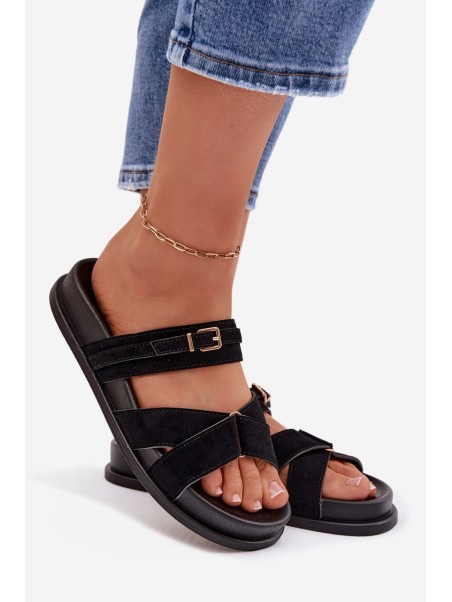 Women's Strappy Black Sandals With Gold Buckle Selorina
