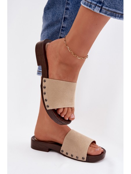 Women's Flat Beige Slides With Buckles Amelvessa