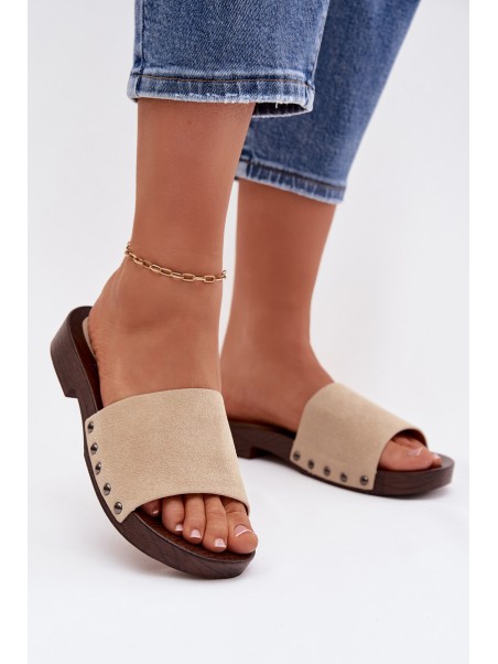 Women's Flat Beige Slides With Buckles Amelvessa